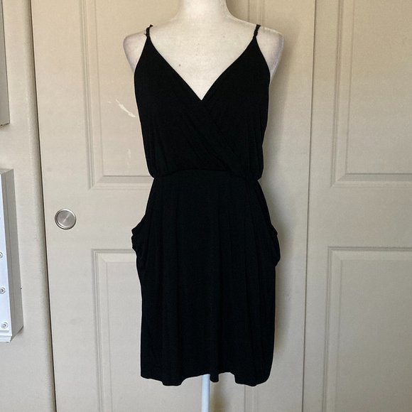 Faveur Strappy Faux-Wrap Black Mini Dress with Pockets - Picture 1 of 7